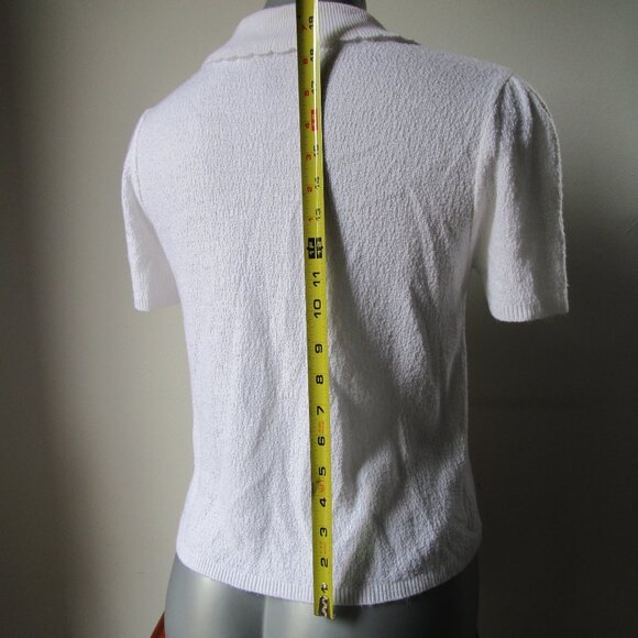 Lightweight knit sweater, open w string tie. JasonMaxwell M white short sleev - Picture 6 of 11